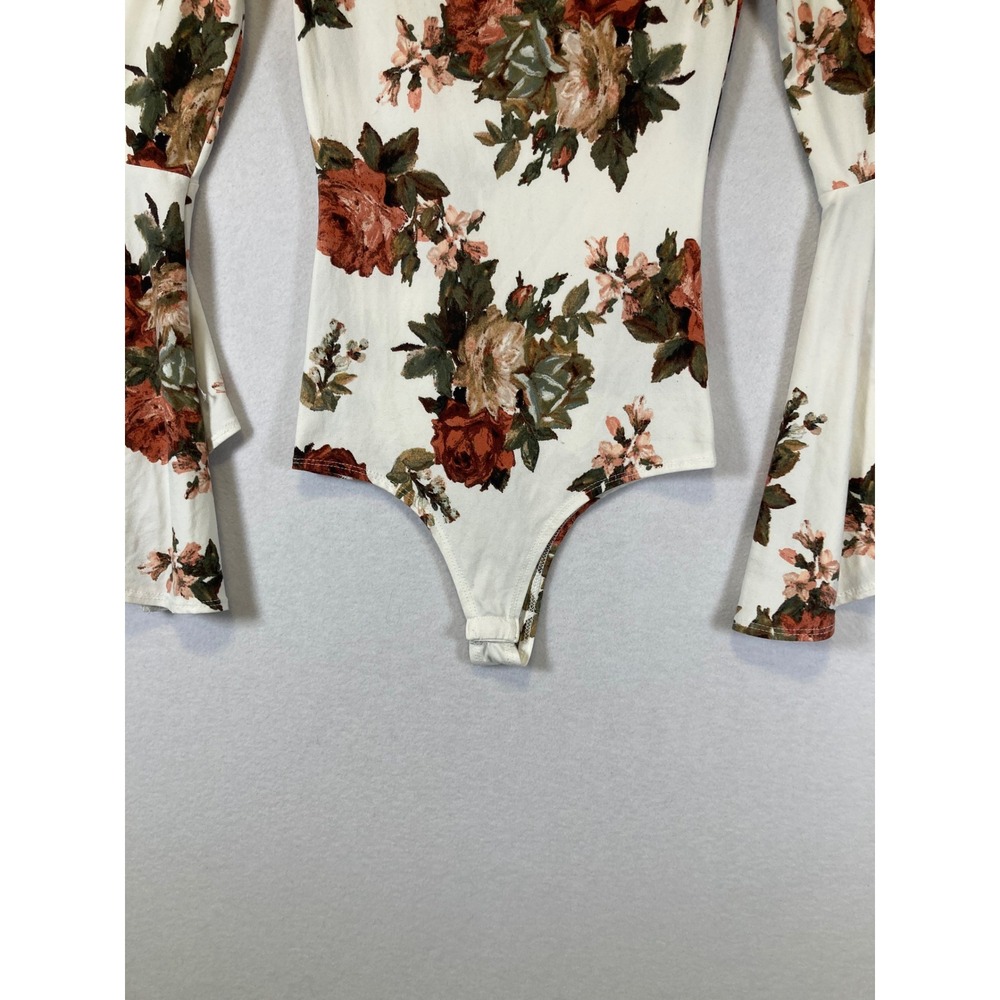 Whimsical Romantic Floral A'GACI Women Small Cream Rust Bell Sleeve Bodysuit - Picture 5 of 9